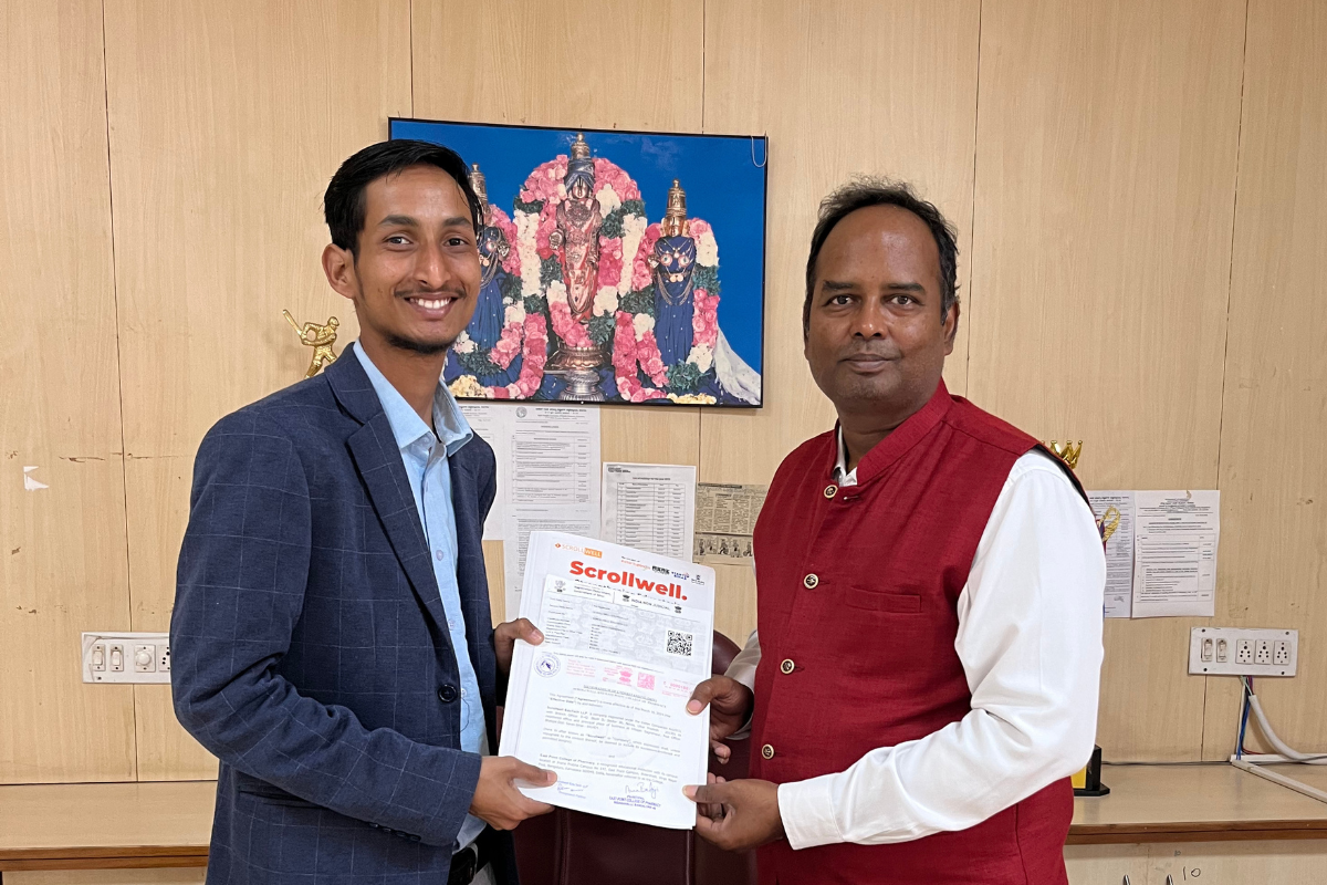 Memorandum of understanding signing between Scrollwell and East Point College of Pharmacy, Bangalore